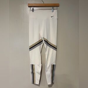 Nike White Leggings with Gold Glitter and Black Stripe Accents